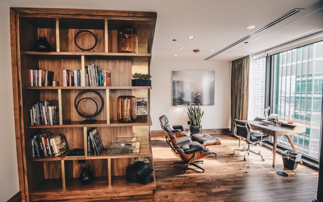 A photo of a wooden bookshelf